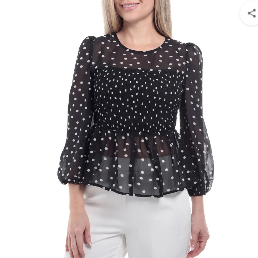 Serious Buyer Only! Smocked Polka Dot Round Neck Puff Sleeve Peplum Top